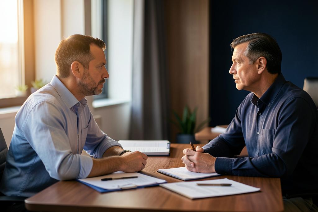 A veteran advisor and a veteran talking across a desk during a consultation