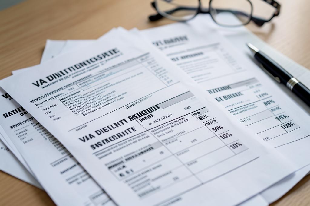 Medical records and VA rating paperwork showing 80%, 95%, and 100% ratings